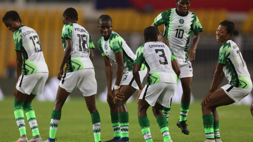 GOA, INDIA - OCTOBER 14: Taiwo Afolabi of Nigeria celebrates scoring her teams third goal during the Group B match between New Zealand and Nigeria of the FIFA U-17 Women's World Cup 2022 at Pandit Jawaharlal Nehru Stadium on October 14, 2022 in Goa, India. (Photo by Matthew Lewis - FIFA/FIFA via Getty Images)