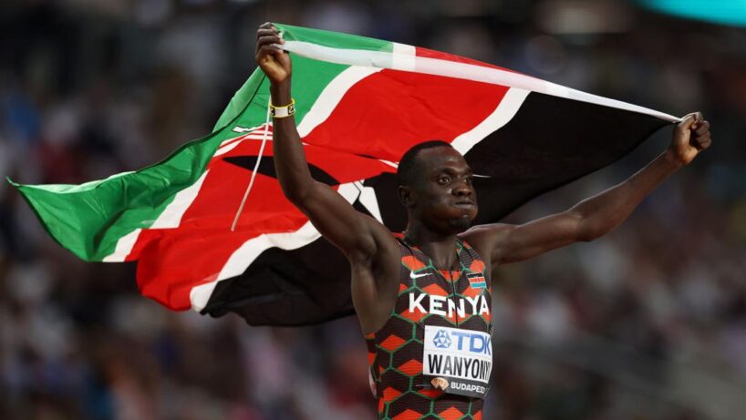 BUDAPEST, HUNGARY - AUGUST 26: Bronze medalist Emmanuel Wanyonyi of Team Kenya reacts after competing in the Men's 800m Final during day eight of the World Athletics Championships Budapest 2023 at National Athletics Centre on August 26, 2023 in Budapest, Hungary. (Photo by Christian Petersen/Getty Images for World Athletics)