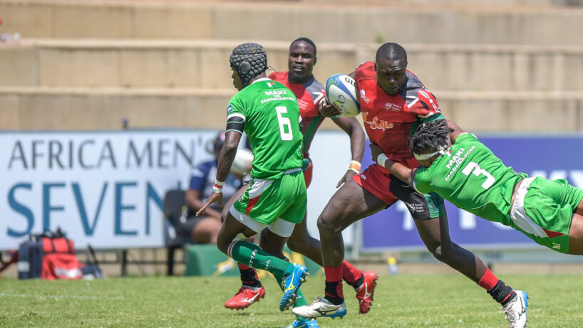 Bush Male of Kenya and Solomampionona Maminandrasana of Madagascar during Game 30 Kenya v Madagascar Semi 2 at Rugby Africa Men's Sevens, qualifying to the Summer Olympics Games in Tokyo, Japan in 2020 at the Bosman Stadium, Brakpan , Johannesburg, South Africa on 09 November 2019 
Photo: ©Christiaan Kotze/BackpagePix