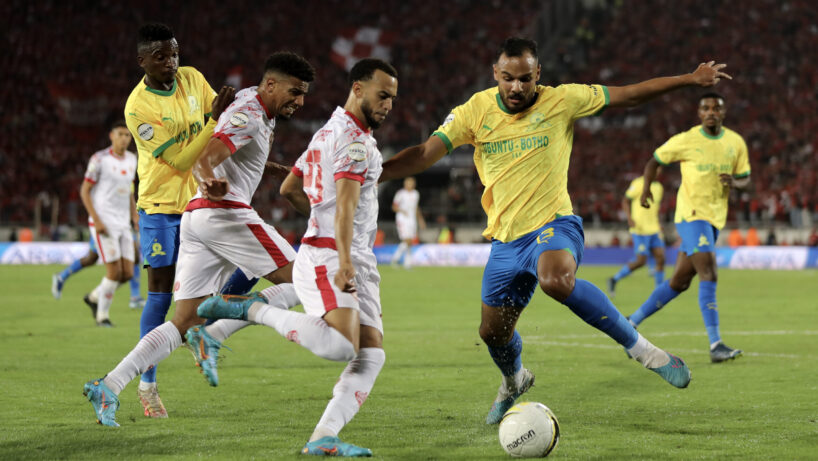 Hicham Boussefiane of Wydad challenges Abdelmounaim Boutouil of Mamelodi Sundowns during the 2023 African Football League final between Wydad Casablanca and Mamelodi Sundowns in Mohammed V Stadium in Casablanca, Morocco on 5 November 2023 ©Nour Aknajja/BackpagePix